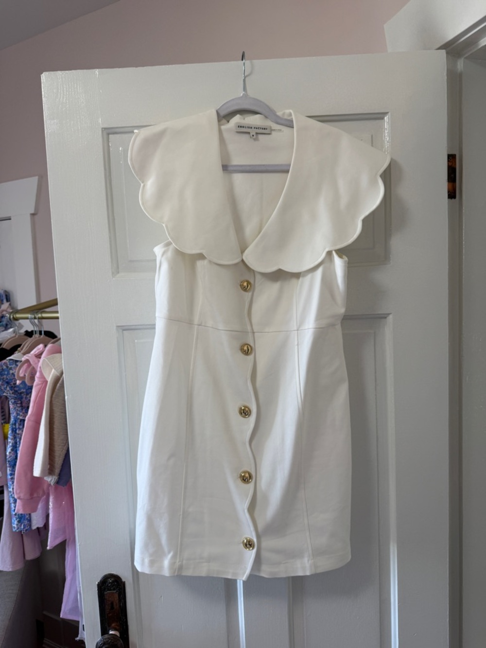 English Factory White Mini Dress with Scalloped Collar and Gold Buttons